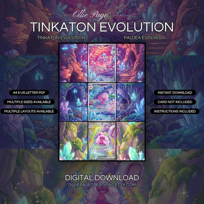 Tinkaton Evolution 216 + 217 + 262 extended art binder page in a Vibrant underground cavern with glowing pink magma, luminescent blue crystals, layered cave architecture, and atmospheric magical energy throughout three distinct environmental zones., printable 9-pocket TCG display insert by Ollie Page Creations