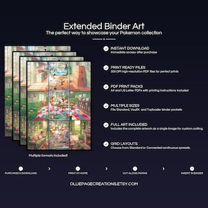Product feature overview for Gardevoir Evolution extended binder art — 300 DPI print-ready files, multiple sizes and grid layouts, instant digital download