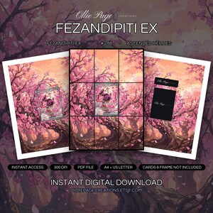Fezandipiti EX 288/217 collector bundle — extended binder page plus 8x10 full-art and PSA framed prints in a Ethereal cherry blossom grove at sunset with pink petals floating through warm golden light, gnarled tree trunks, and peachy-orange atmospher