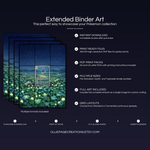 Product feature overview for Ledian extended binder art — 300 DPI print-ready files, multiple sizes and grid layouts, instant digital download