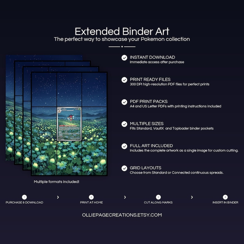 Product feature overview for Ledian extended binder art — 300 DPI print-ready files, multiple sizes and grid layouts, instant digital download