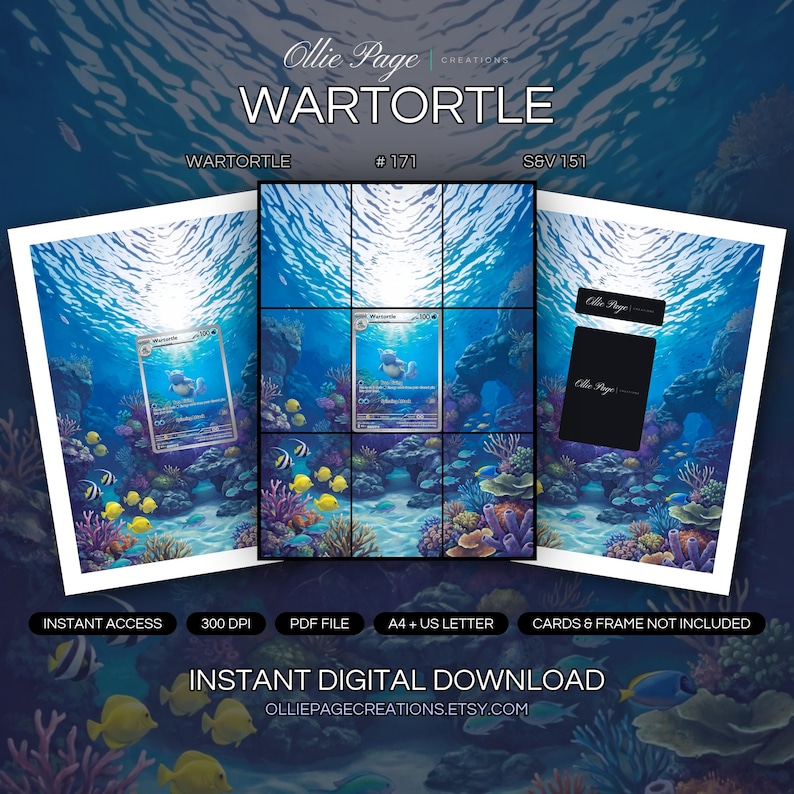 Wartortle 171/165 collector bundle — extended binder page plus 8x10 full-art and PSA framed prints in a Vibrant underwater coral reef scene with colorful fish, radiating sunlight filtering through blue water, diverse coral formations, and sandy bottom creating a serene marine environment., printable digital download by Ollie Page Creations
