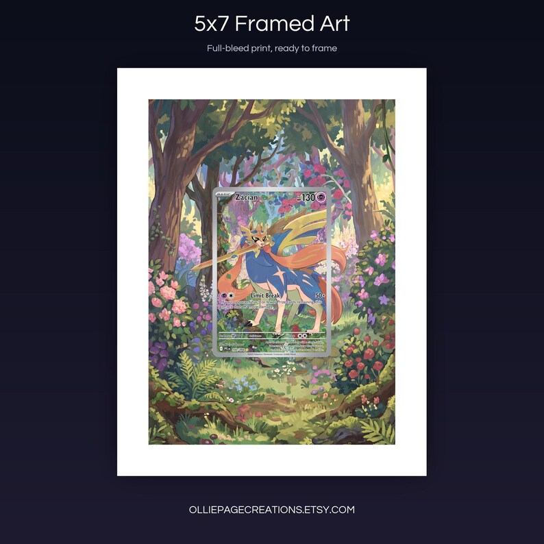 Zacian 100/094 5x7 full-bleed framed art print, ready to frame, Phantasmal Flames