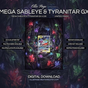 Mega Sableye & Tyranitar GX 226/236 extended art binder page in a Mystical underground cave illuminated by vibrant neon crystals in red, purple, blue, and green, with moss-covered stone walls and dramatic atmospheric lighting., printable 9-pocket TCG display insert by Ollie Page Creations