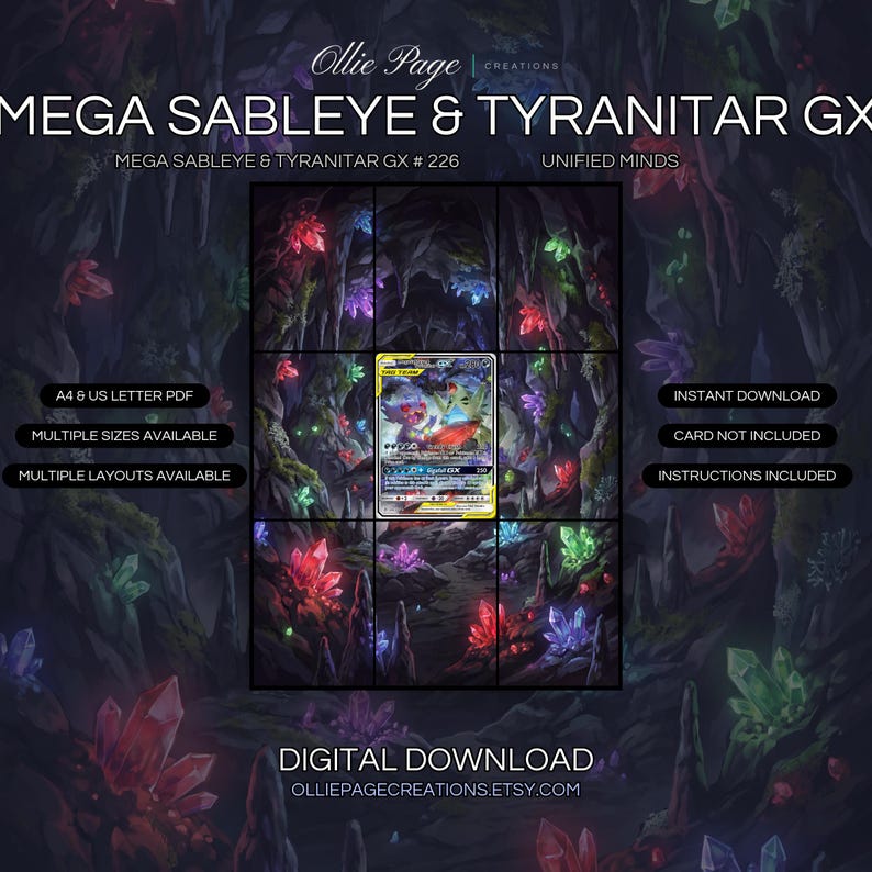 Mega Sableye & Tyranitar GX 226/236 extended art binder page in a Mystical underground cave illuminated by vibrant neon crystals in red, purple, blue, and green, with moss-covered stone walls and dramatic atmospheric lighting., printable 9-pocket TCG display insert by Ollie Page Creations