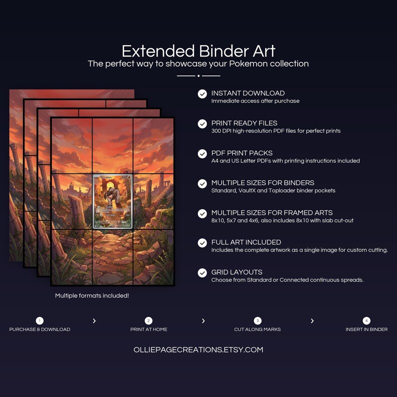 Collector bundle feature overview for Terrakion extended binder art — binder page grids plus 8x10, 5x7, 4x6 and PSA-style framed prints, 300 DPI instant digital download