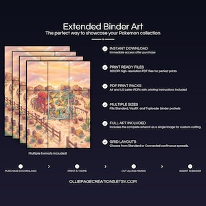 Product feature overview for Bramblin extended binder art — 300 DPI print-ready files, multiple sizes and grid layouts, instant digital download