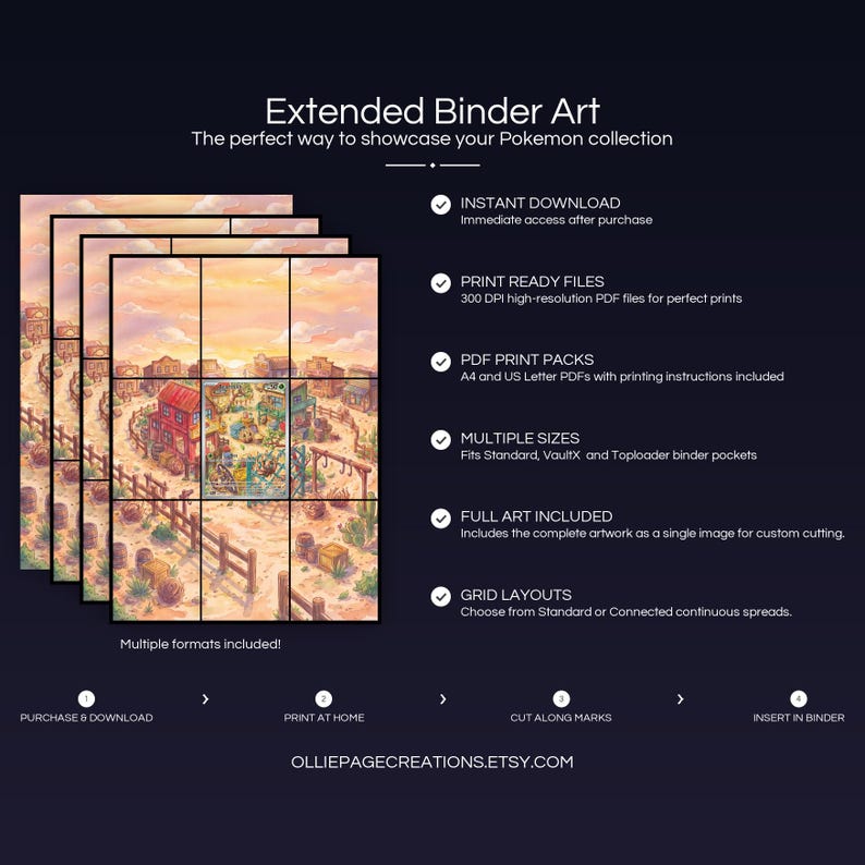 Product feature overview for Bramblin extended binder art — 300 DPI print-ready files, multiple sizes and grid layouts, instant digital download