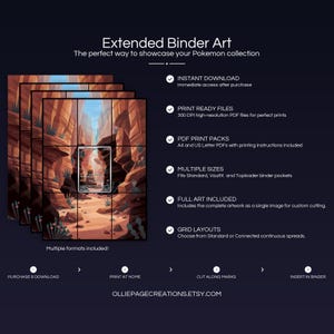 Product feature overview for Charmander extended binder art — 300 DPI print-ready files, multiple sizes and grid layouts, instant digital download