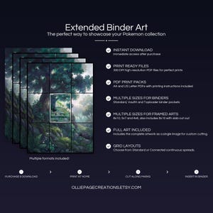 Collector bundle feature overview for Virizion extended binder art — binder page grids plus 8x10, 5x7, 4x6 and PSA-style framed prints, 300 DPI instant digital download
