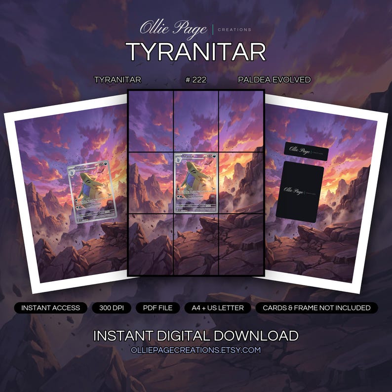 Tyranitar 222/193 collector bundle — extended binder page plus 8x10 full-art and PSA framed prints in a Dramatic desert canyon landscape with vibrant purple and orange sunset sky
