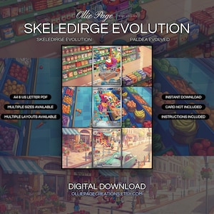 Skeledirge Evolution 201 + 202 + 258 extended art binder page in a Vibrant three-panel grocery store scene featuring bright shelving aisles, colorful produce displays, and warm sunlit street shopping atmosphere with rich retail environments., printable 9-pocket TCG display insert by Ollie Page Creations