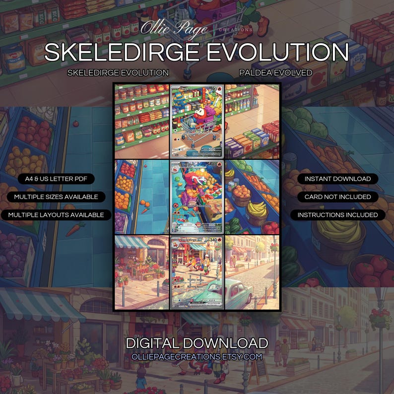 Skeledirge Evolution 201 + 202 + 258 extended art binder page in a Vibrant three-panel grocery store scene featuring bright shelving aisles, colorful produce displays, and warm sunlit street shopping atmosphere with rich retail environments., printable 9-pocket TCG display insert by Ollie Page Creations