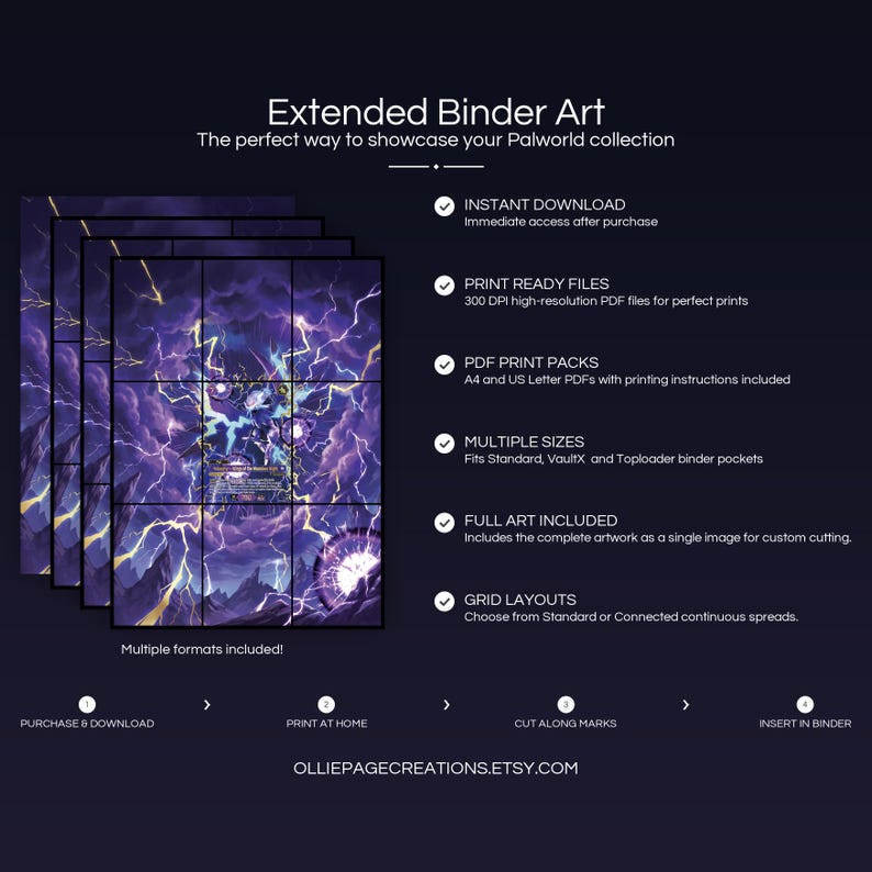 Product feature overview for Helzephyr extended binder art — 300 DPI print-ready files, multiple sizes and grid layouts, instant digital download