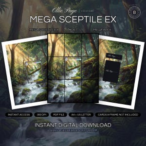 Puede incluir: Una descarga digital con ilustraciones de Mega Sceptile EX y el texto Ollie Page Creations, Mega Sceptile EX, #007, Mega Apex y olliepagecreations.etsy.com. El diseño muestra una escena de arroyo en el bosque con una criatura verde sobre un tronco.