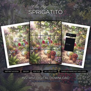 Sprigatito 196/193 collector bundle — extended binder page plus 8x10 full-art and PSA framed prints in a Vibrant sunlit greenhouse garden featuring blooming flowers in terracotta pots, lush hanging vines, climbing trellises, and a peaceful reflecting