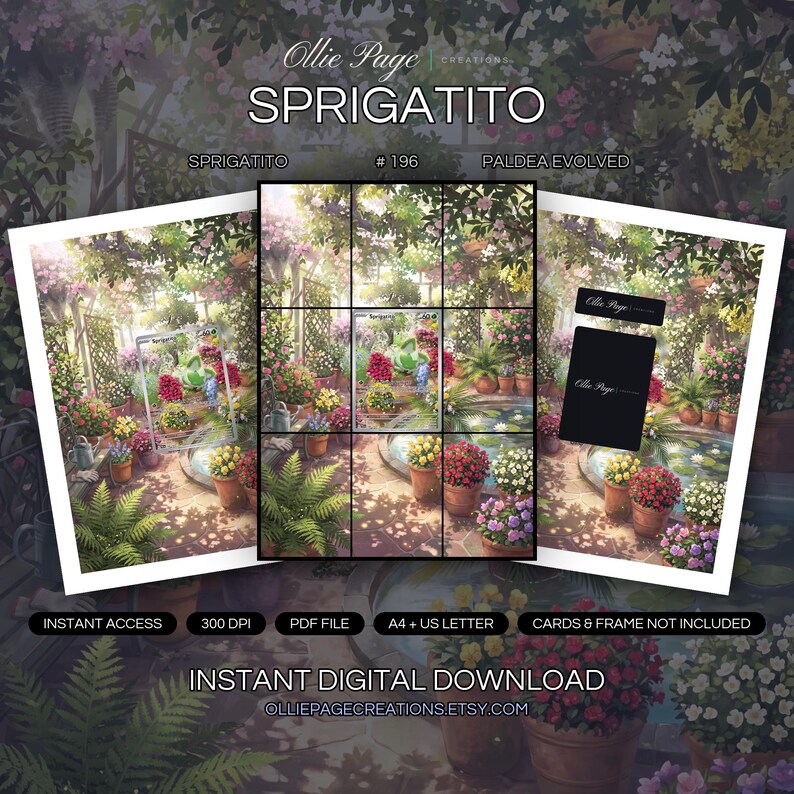 Sprigatito 196/193 collector bundle — extended binder page plus 8x10 full-art and PSA framed prints in a Vibrant sunlit greenhouse garden featuring blooming flowers in terracotta pots, lush hanging vines, climbing trellises, and a peaceful reflecting
