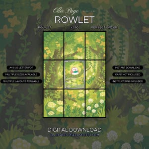Könnte beinhalten: Eine digitale Grafik mit dem Text Ollie Page Creations, ROWLET, # 090, PERFECT ORDER, A4 & US LETTER PDF, MULTIPLE SIZES AVAILABLE, MULTIPLE LAYOUTS AVAILABLE, INSTANT DOWNLOAD, CARD NOT INCLUDED, INSTRUCTIONS INCLUDED, DIGITAL DOWNLOAD.