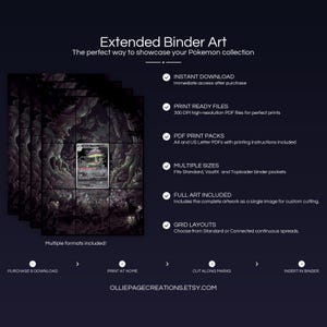 Product feature overview for Shiinotic extended binder art — 300 DPI print-ready files, multiple sizes and grid layouts, instant digital download