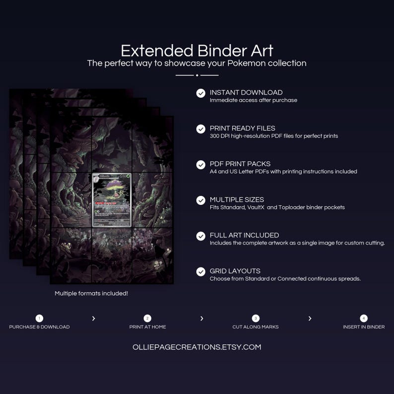 Product feature overview for Shiinotic extended binder art — 300 DPI print-ready files, multiple sizes and grid layouts, instant digital download