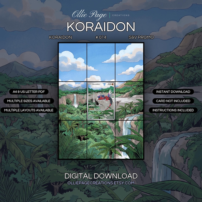 Koraidon 014 extended art binder page in a Vibrant tropical landscape featuring lush green vegetation, cascading waterfalls, rocky cliffs, and fluffy white clouds beneath a bright blue sky., printable 9-pocket TCG display insert by Ollie Page Creations