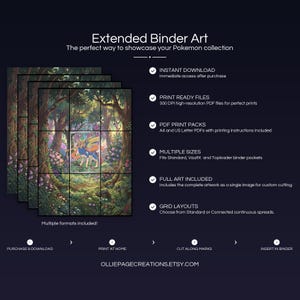 Product feature overview for Zacian extended binder art — 300 DPI print-ready files, multiple sizes and grid layouts, instant digital download