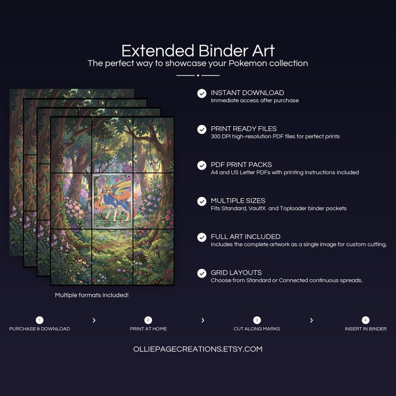 Product feature overview for Zacian extended binder art — 300 DPI print-ready files, multiple sizes and grid layouts, instant digital download