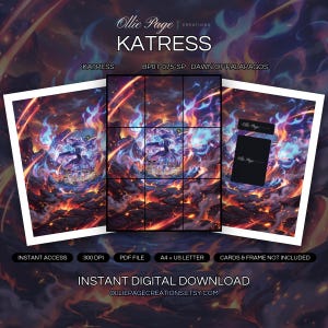 Katress BP01-075-SP collector bundle — extended binder page plus 8x10 full-art and PSA framed prints in a Dramatic volcanic landscape with swirling blue and orange flames, glowing lava flows, dark rocky terrain, and intense mystical energy radiating throughout the fiery atmosphere., printable digital download by Ollie Page Creations
