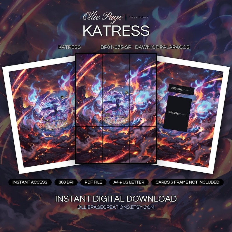 Katress BP01-075-SP collector bundle — extended binder page plus 8x10 full-art and PSA framed prints in a Dramatic volcanic landscape with swirling blue and orange flames, glowing lava flows, dark rocky terrain, and intense mystical energy radiating throughout the fiery atmosphere., printable digital download by Ollie Page Creations