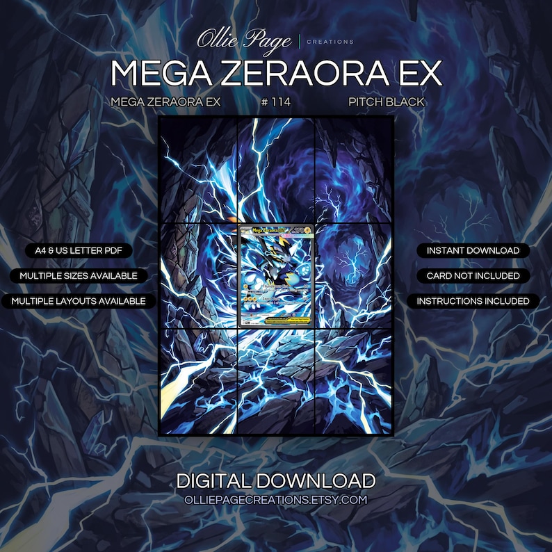 Mega Zeraora EX 114/084 extended art binder page in a Dramatic underground cavern with electric blue and purple lightning bolts illuminating dark rocky stone walls and glowing ethereal energy swirling through shadowy cave environment.