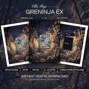 Greninja EX 132 collector bundle — extended binder page plus 8x10 full-art and PSA framed prints in a Mystical bamboo forest clearing at night with golden ethereal light, dark silhouetted stalks framing a luminous center, dramatic atmospheric composi
