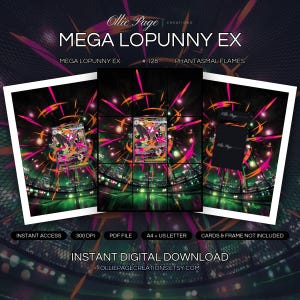 Mega Lopunny EX 128/094 collector bundle — extended binder page plus 8x10 full-art and PSA framed prints in a Vibrant neon cityscape with dynamic orange and magenta energy streaks, glowing green mesh environment, and pulsing lights creating an electric, futuristic atmosphere., printable digital download by Ollie Page Creations