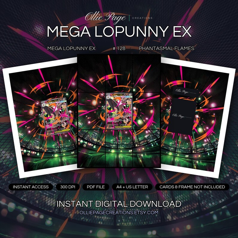 Mega Lopunny EX 128/094 collector bundle — extended binder page plus 8x10 full-art and PSA framed prints in a Vibrant neon cityscape with dynamic orange and magenta energy streaks, glowing green mesh environment, and pulsing lights creating an electric, futuristic atmosphere., printable digital download by Ollie Page Creations