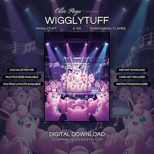 Wigglytuff 105/094 extended art binder page in a Vibrant concert stage with purple and blue neon lighting, illuminated backdrop, musical notes, metal truss framework, and dynamic atmospheric effects creating an energetic performance environment., printable 9-pocket TCG display insert by Ollie Page Creations