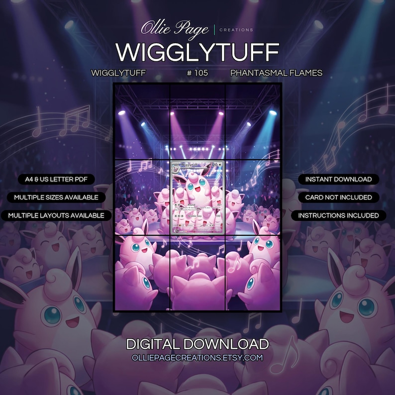 Wigglytuff 105/094 extended art binder page in a Vibrant concert stage with purple and blue neon lighting, illuminated backdrop, musical notes, metal truss framework, and dynamic atmospheric effects creating an energetic performance environment., printable 9-pocket TCG display insert by Ollie Page Creations