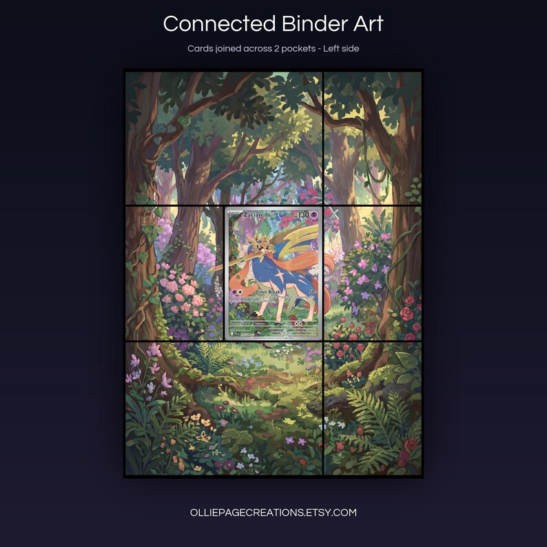 Zacian 100/094 connected binder art joining across two pockets, left side, printable extended card display for 9-pocket binders