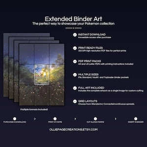 Product feature overview for Ampharos extended binder art — 300 DPI print-ready files, multiple sizes and grid layouts, instant digital download