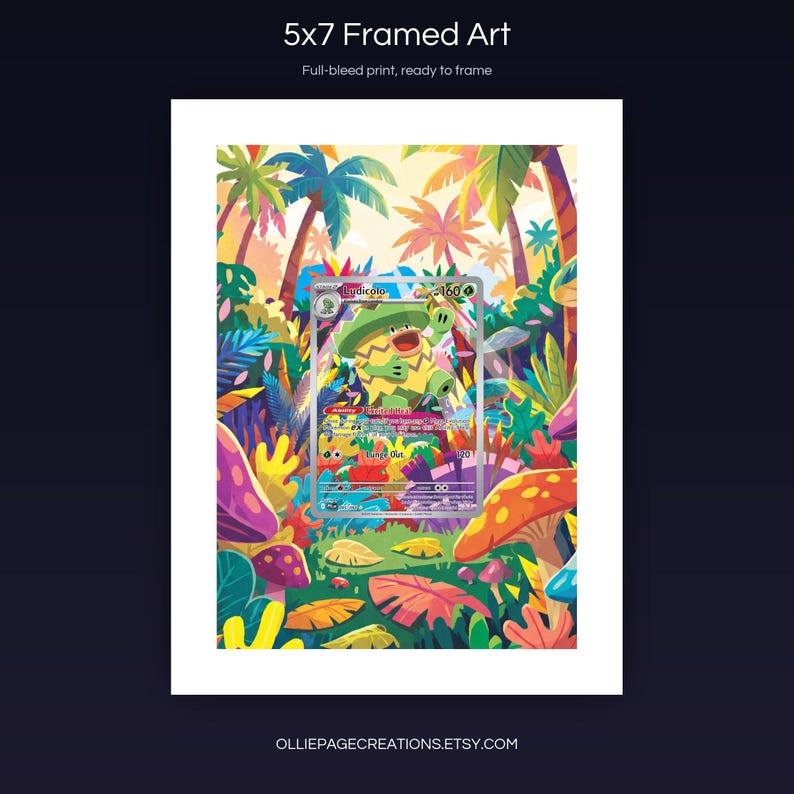Ludicolo 095/094 5x7 full-bleed framed art print, ready to frame, Phantasmal Flames