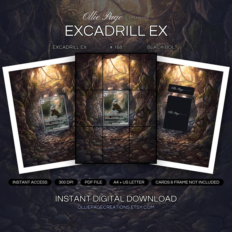 Excadrill EX 168/086 collector bundle — extended binder page plus 8x10 full-art and PSA framed prints in a Atmospheric cave interior with golden sunlight filtering through twisted vines and moss-covered stone walls, rocky ground, warm amber glow, mys