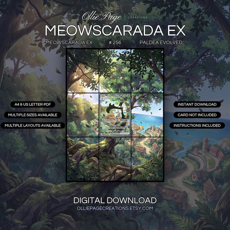 Meowscarada EX 256/193 extended art binder page in a Lush forest canopy with ancient gnarled trees