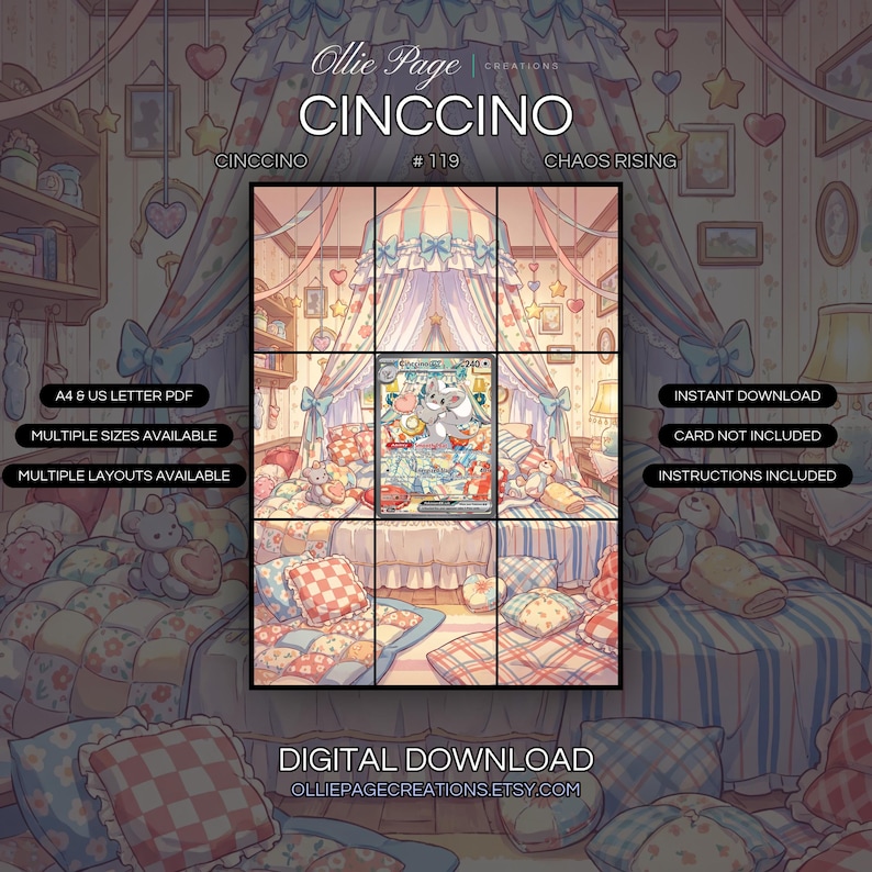 Cinccino 119/086 extended art binder page in a Whimsical bedroom with pastel striped canopy