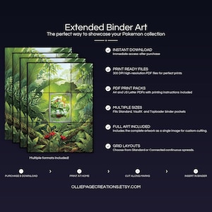 Product feature overview for Caterpie extended binder art — 300 DPI print-ready files, multiple sizes and grid layouts, instant digital download