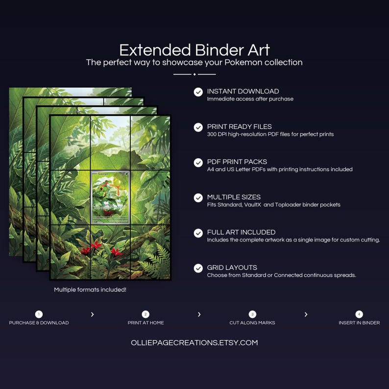 Product feature overview for Caterpie extended binder art — 300 DPI print-ready files, multiple sizes and grid layouts, instant digital download