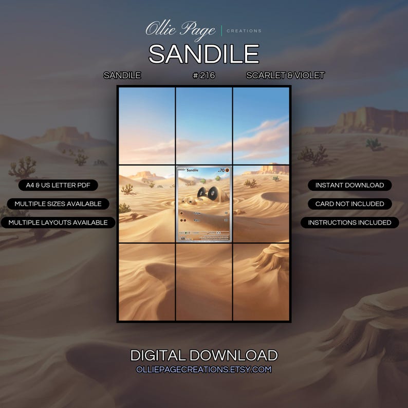 Sandile 216/198 extended art binder page in a Golden desert landscape with rippling sand dunes, scattered vegetation, towering rock formations, warm sunlight, and clear blue sky with soft clouds., printable 9-pocket TCG display insert by Ollie Page Creations