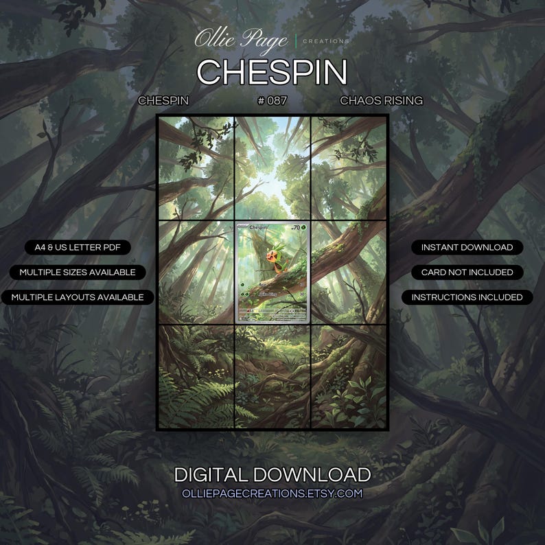 Chespin 087/086 extended art binder page in a Lush forest canopy with towering trees
