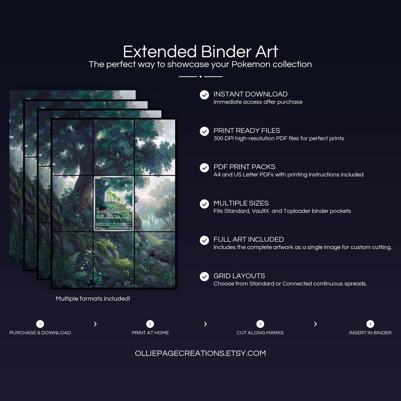 Product feature overview for Virizion extended binder art — 300 DPI print-ready files, multiple sizes and grid layouts, instant digital download