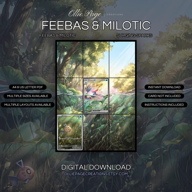 Feebas & Milotic 198 + 237 extended art binder page in a Lush forest canopy with golden sunlight filtering through green leaves
