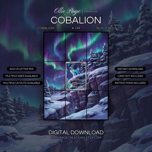 Cobalion 144/086 extended art binder page in a Dramatic arctic landscape with snow-covered evergreen trees, rocky cliffs, and vibrant aurora borealis dancing across a starlit purple night sky., printable 9-pocket TCG display insert by Ollie Page Crea