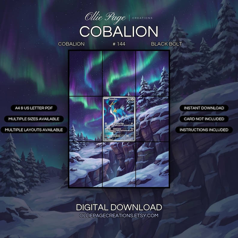Cobalion 144/086 extended art binder page in a Dramatic arctic landscape with snow-covered evergreen trees, rocky cliffs, and vibrant aurora borealis dancing across a starlit purple night sky., printable 9-pocket TCG display insert by Ollie Page Crea