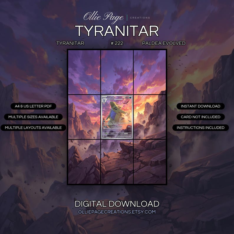 Tyranitar 222/193 extended art binder page in a Dramatic desert canyon landscape with vibrant purple and orange sunset sky, swirling clouds, floating debris, and warm atmospheric lighting casting shadows across rocky terrain., printable 9-pocket TCG